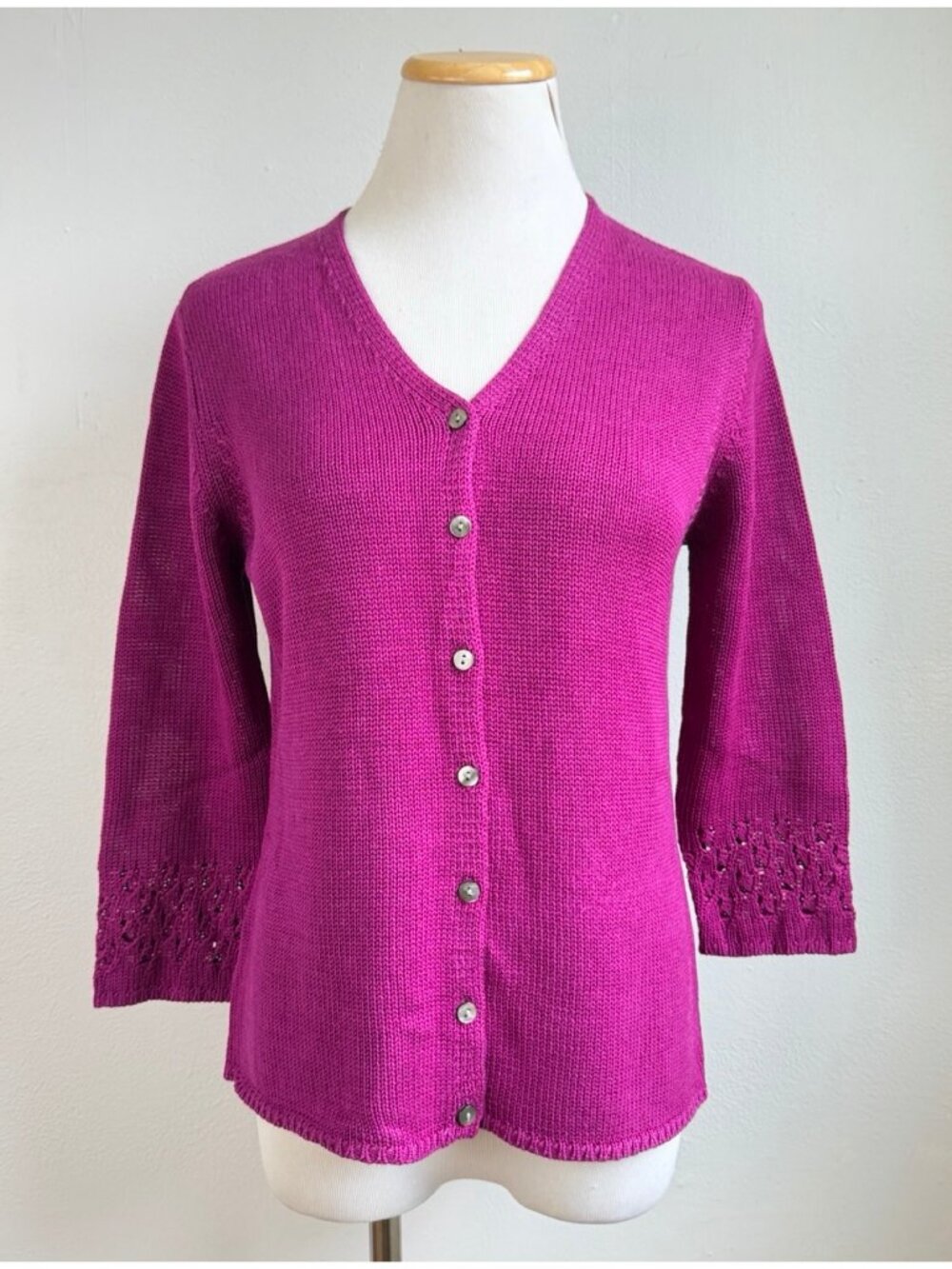Vintage Knit Silk Cardigan Sweater Size Small 90s Magenta Purple 3/4 Sleeve